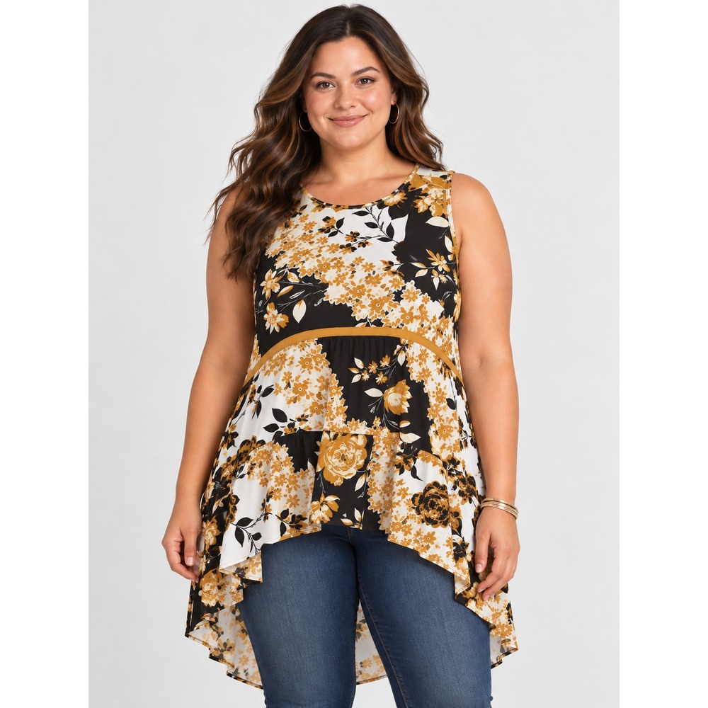 NWT Maurices Floral High Low Tunic Top Womens XL Black Mustard Tiered